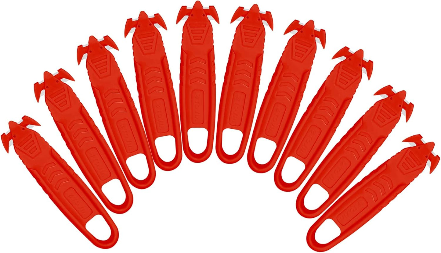 T TOVIA Safety Box Cutter Knife of Recessed Concealed Stainless Steel Blade, 10-Pack Package Opener Plastic Cutter for Box, Carton, Shrink Wrap, Plastic Straps, 5 Color