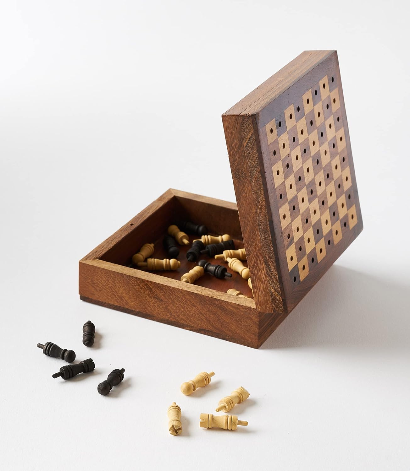 Matr Boomie, Small Mini Portable, Travel-Sized Hand Carved Solid Indian Rosewood, Wooden Peg Chess Board Game Set W/ Openable Storage for Pieces, for Adults