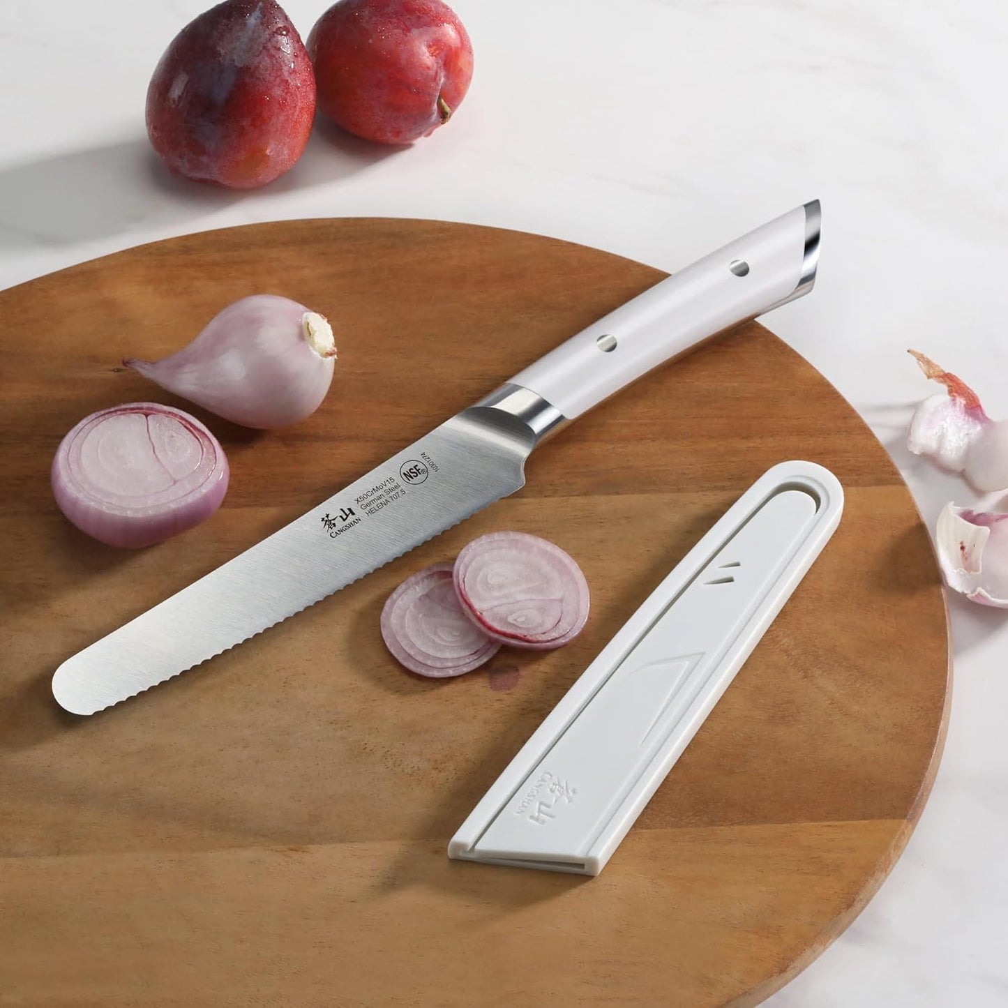 Cangshan HELENA Series 5-inch Round-Tip Serrated Utility Knife with Sheath, White