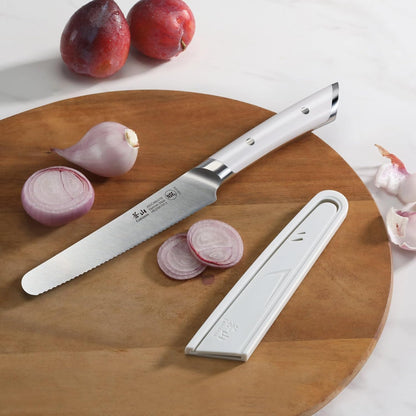 Cangshan HELENA Series 5-inch Round-Tip Serrated Utility Knife with Sheath, White