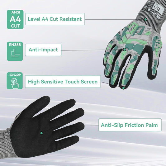2 Pairs Safety Work Gloves,Impact Gloves for Men Women,Cut Resistant Non-Slip Heavy Duty Gloves with Nitrile Grip,Touch Screen Glove with Impact Protection for Mechanic Construction, Large