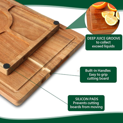3 PCS Acacia Wood Cutting Board Set with Stand, Thick Chopping Boards for Kitchen, Deep Juice Grooves, Easy Grip Handle, Non-slip Heavy Duty Charcuterie Board for Meat, Cheese, Vegetables and Fruits