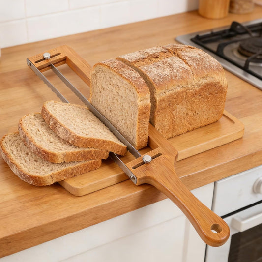 DECHOUS Adjustable Bread Slicer for Sourdough - Homemade Bread Knife with Thickness Guide, Sharp Stainless Serrated Blade, Bamboo Frame for Bagels, Baguettes