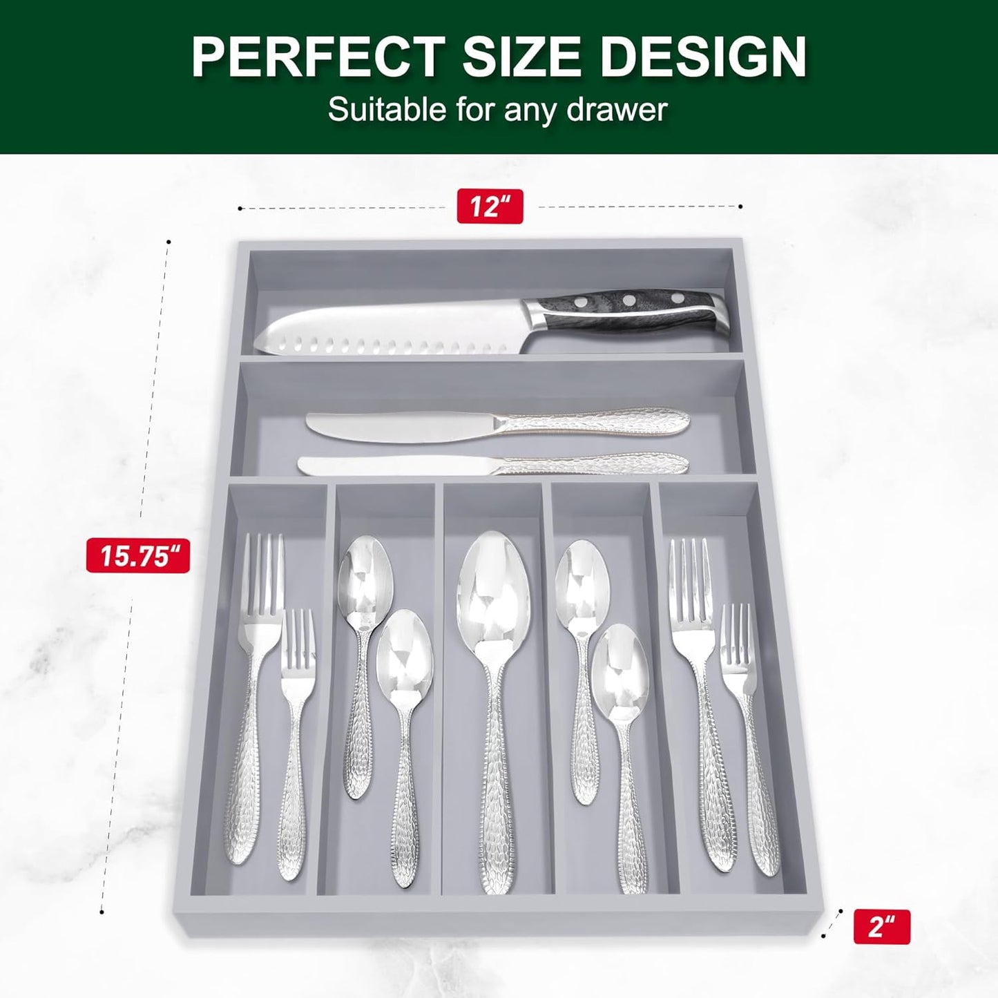 Bellsal Natural Utensil Organizer 12.5 Inch Silverware Organizer for Drawer Utensil Holder Cutlery Organizer Kitchen Drawer Organizer 7 Compartment Small Narrow Bamboo