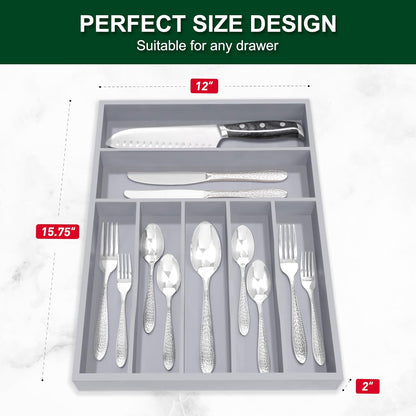 Bellsal Natural Utensil Organizer 12.5 Inch Silverware Organizer for Drawer Utensil Holder Cutlery Organizer Kitchen Drawer Organizer 7 Compartment Small Narrow Bamboo