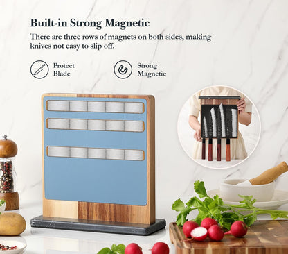 Strong Double Sided Magnetic Knife Block Without Knives, with Acacia Wood+430 Stainless Steel Base，Magnetic Universal Stands with Strong Enhanced Magnets Strip Kitchen Storage Cutlery Large Organizer
