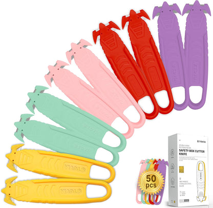 T TOVIA Safety Box Cutter Knife of Recessed Concealed Stainless Steel Blade, 10-Pack Package Opener Plastic Cutter for Box, Carton, Shrink Wrap, Plastic Straps, 5 Color