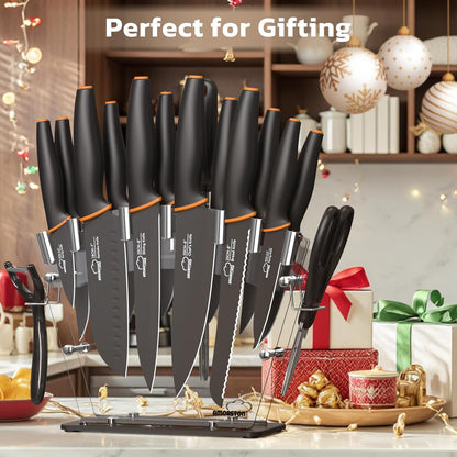 Amorston Knife Set, 22-Piece Kitchen Knife Set with Acrylic Block, Dishwasher Safe with Sharpener, High Carbon Stainless Steel, Anti-slip Ergonomic Handle, Black,Valentine's Gift