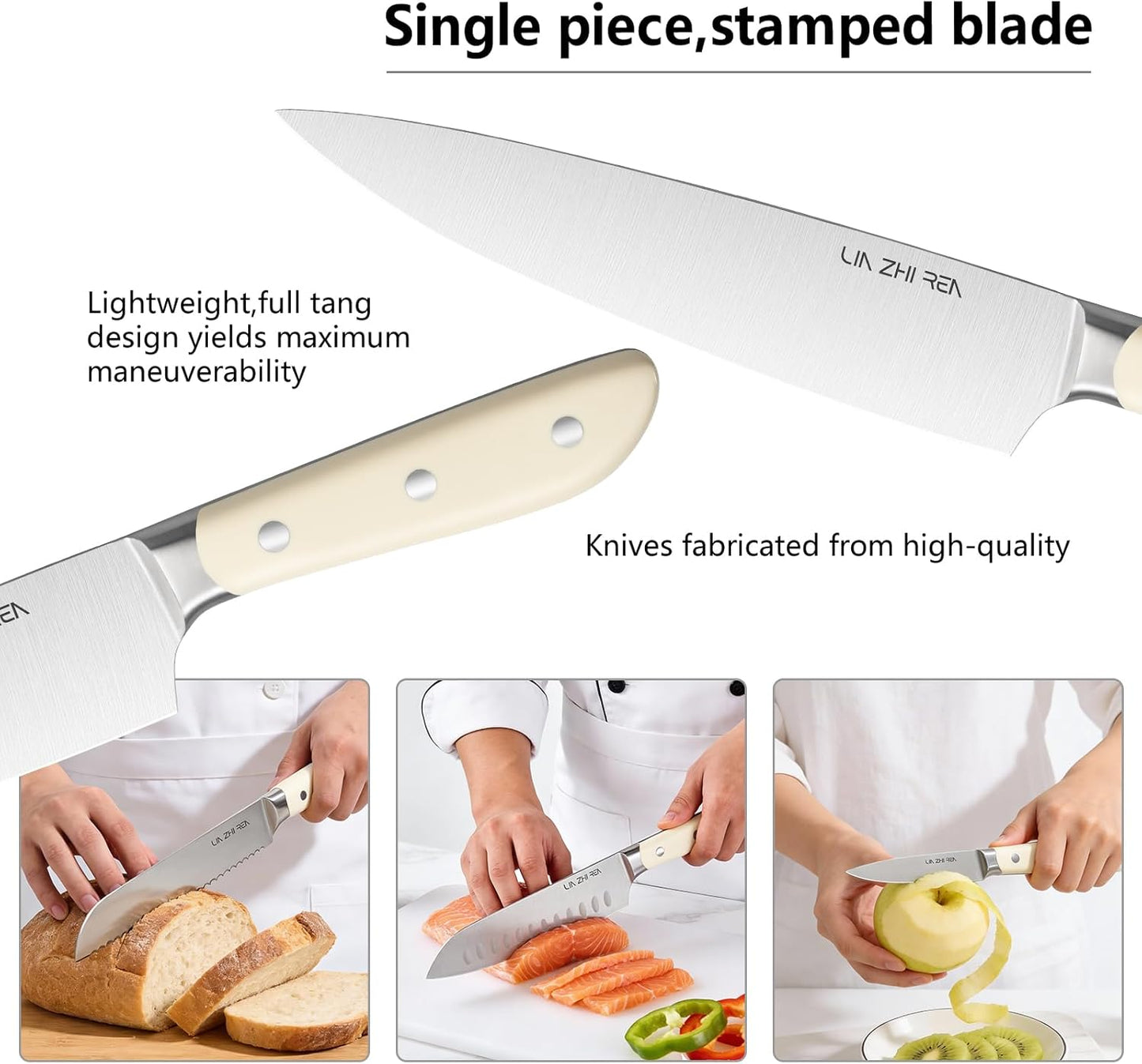 14-Piece Kitchen Knife Set with Detachable Block, High Carbon Stainless Steel Dishwasher Safe Knives, Includes Chef, Santoku, Bread, Steak Knives for Home Kitchen,White