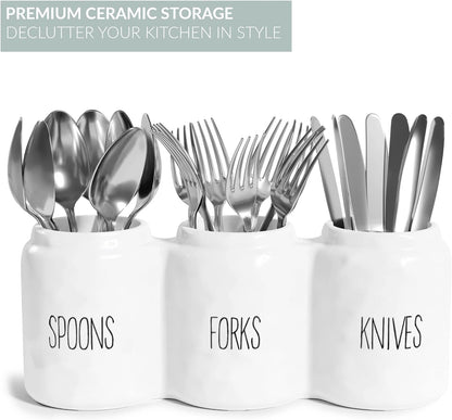 Barnyard Designs Silverware Caddy for Countertop - Cutlery Organizer for Spoon, Fork, and Knife - Ceramic Utensil Holder for Flatware or Plasticware - Perfect for Parties - 12.5” x 4.25” x 5” (White)
