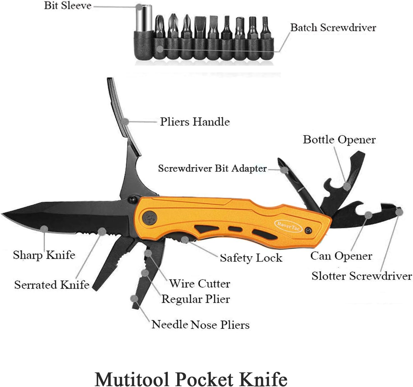 RoverTac Pocket Knife, 15-in-1 Multitool with Pliers, Bottle & Can Opener, 9 Screwdriver Bits, Locking Mechanism & Nylon Sheath - EDC Multi Tool for Camping, Hiking & DIY, Gift for Men & Dad