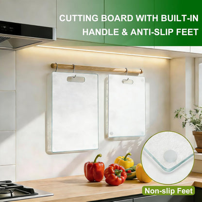 Tempered Glass Cutting Board with Handle, 3PCS Frosted Glass Cutting Board for kitchen counter, Non Toxic, Plastic Free, Scratch Resistant, Dishwasher Safe, Easy to Clean(16"x12"&15"x10"&12"x8")