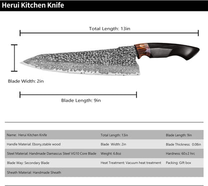 Japanese Professional Chef Knife,8.5in Handmade Damascus Steel VG10 Core Blade,Ebony Wood Handle,Cutting Cooking Gyuto Knives with Sheath for Kitchen