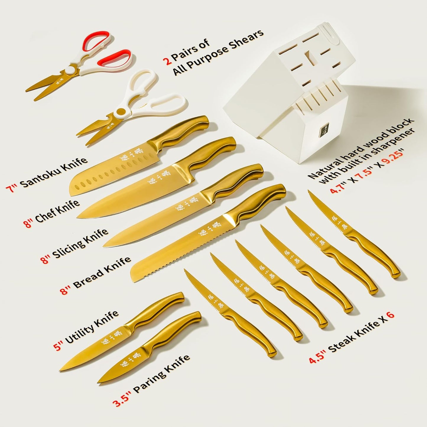 ZHANG XIAO QUAN Knife Set with White Block, High Carbon Stainless Steel Sharp Blades, Built-in Sharpener Kitchen Knife Block Set for Home Cooking