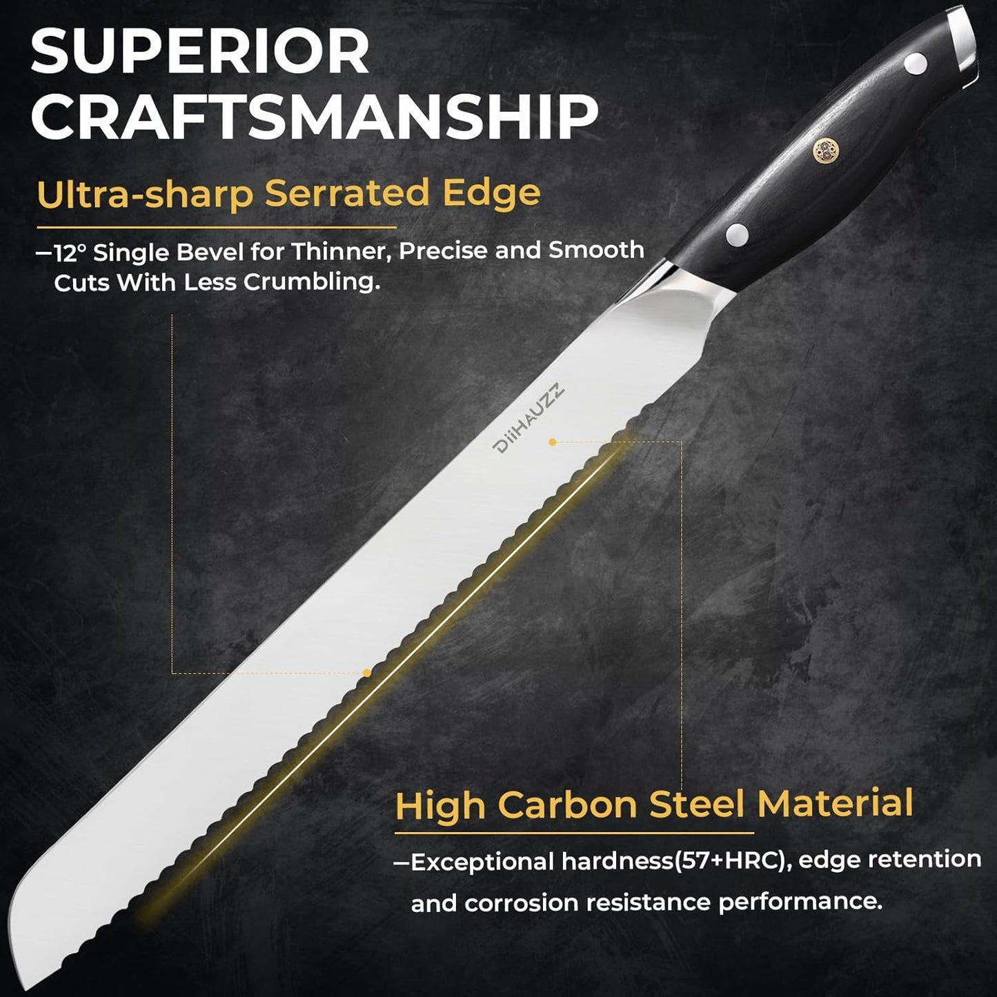 DiiHAUZZ Brisket Knife, 12 Inch Carving Knife for Meat, Razor Sharp High Carbon Steel, Full Tang Ergonomic Pakkawood Handle Slicing Knives for Roast Beef, BBQ, Turkey, Grilling Gift for Men