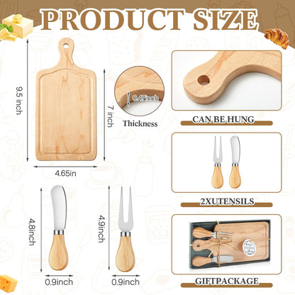 1 Set Bridal Baby Shower Cheese Prizes Wooden Square Board Gift Set Knives Forks Thank You Tags with Box for Guests for Valentines Bridal Baby Shower Housewarming Gifts (Acacia Color)
