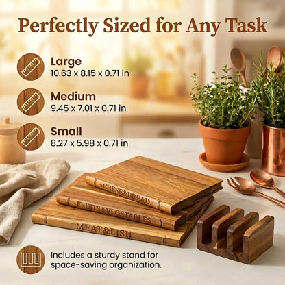 3-Piece Book-Shaped Cutting Board Set - Food Safe, Non-Slip Chopping Boards for Kitchen Organization and Stylish Serving,Acacia Wood