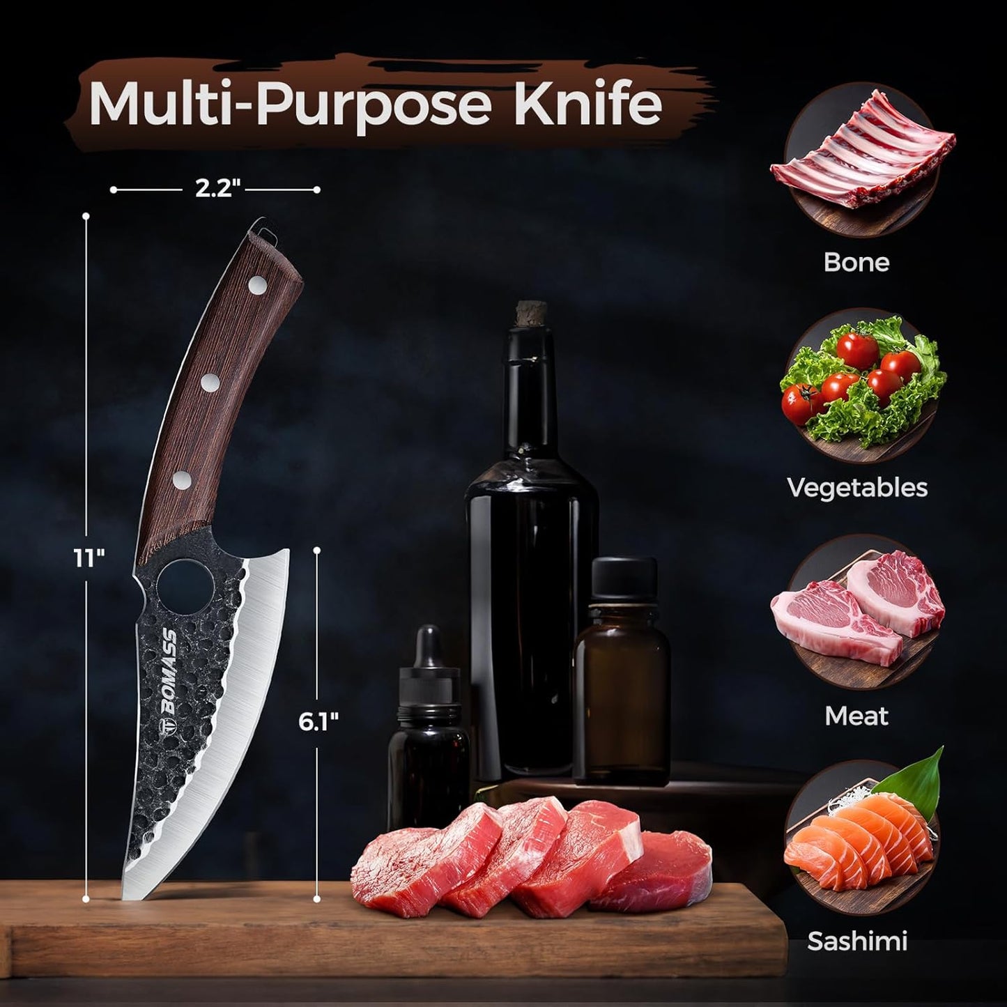 Butcher Knife Meat Cleaver Knife, Hand Forged Japanese Knife Set of 3, High Carbon Kitchen Knife & Serbian Chef Knife & Boning Knife for Meat Cutting, Outdoor Cooking BBQ Camping Gift for Men