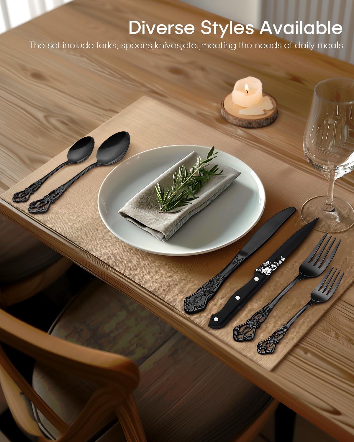Black Silverware set with Steak Knives, Ollex 24PCS Retro Royal Flatware Set for 4 with Box, Food-Grade Stainless Steel Utensil Sets Includes Spoons Forks and Knives, Mirror Finish Dishwasher Safe
