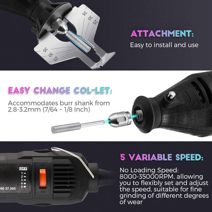Electric Chainsaw Sharpener Kit 180W Power Chain Saw Sharpen Tool Set with 6 Diamond Sharpening Wheels, Angle Attachment, Wrench for Sharpening Outdoor Gardening Tool 5 Speed Setting, 8000~35000 RPM