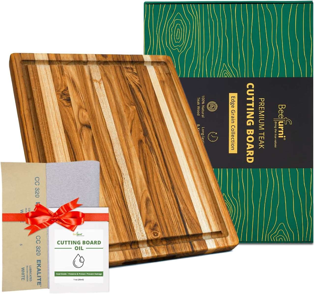 BEEFURNI Teak Wood Cutting Board with Juice Groove Hand Grip (S, 18x14x1"), Durable Wooden Cutting Boards for Kitchen, Butcher Block, Serving & Charcuterie Board, Gift Box Included, 1-year Warranty