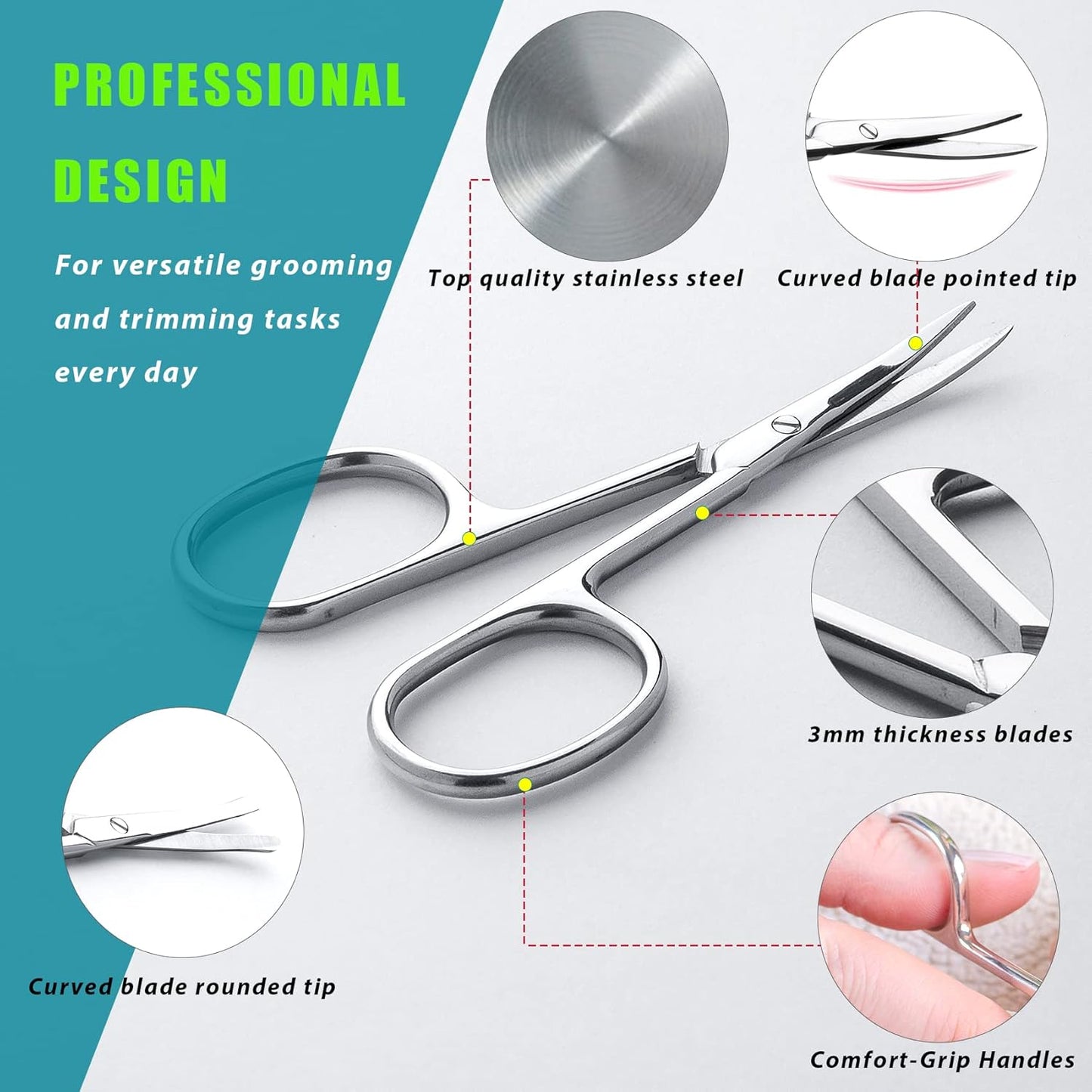 Facial Hair Small Grooming Scissors For Men Women - Eyebrow, Nose Hair, Mustache, Beard, Eyelashes, Ear Trimming Kit - Curved and Rounded Safety Tip Clippers For Hair Cutting - 2PCS Silver