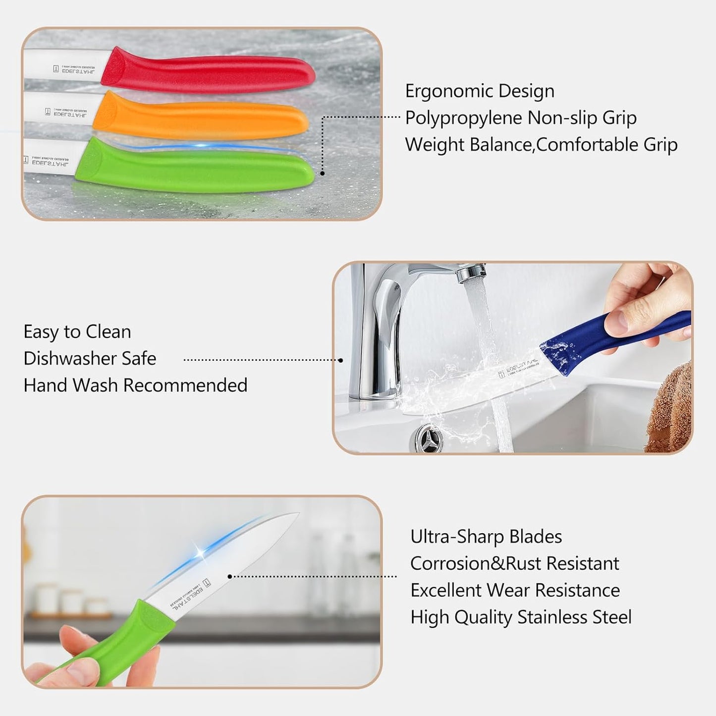 Paring and Garnishing Knife,Fruit Knife Set,12 Pieces Stainless Steel Paring Knives,Straight Edge Small Knife Set for Cutting Fruits and Vegetable,Spear Point,Ergonomic Handle,Multicolor