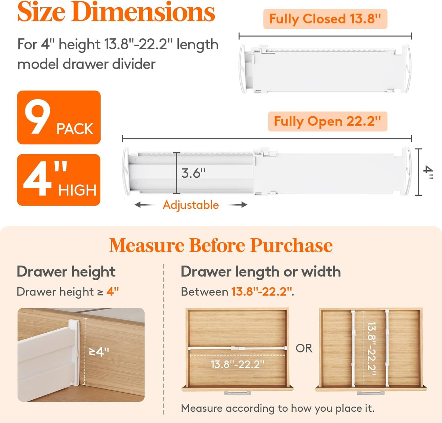 Lifewit Drawer Dividers for Clothes, 3.2" High 10.5"-16.5" Expandable Dresser Drawer Organizers, Adjustable White Plastic Separators for Kitchen, Cabinet, Nursery, Socks & Underwear Storage, 4 Pack