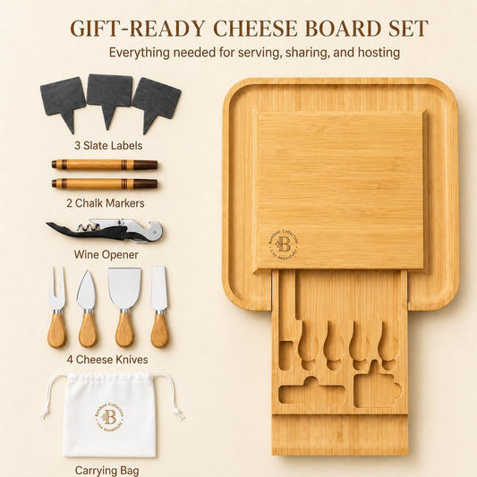 Bambüsi Charcuterie Boards - Large Bamboo Cheese Board Set with Knives for Serving Meat + Cheese Platter - House Warming Gifts for New Home, Wedding, Bridal Shower, Birthday Gifts for Women, Hostess
