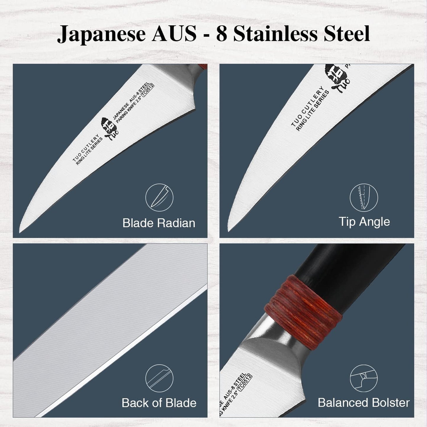 TUO Paring Knife 2.5 inch Bird Beak Peeling Knife Fruit Knife Vegetable Peeler Small Kitchen Knife, AUS-8 Stainless Steel with Ergonomic Pakkawood Handle, Gift Box Ring Lite Series