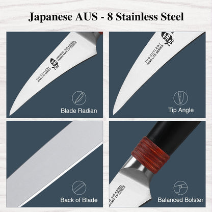 TUO Paring Knife 2.5 inch Bird Beak Peeling Knife Fruit Knife Vegetable Peeler Small Kitchen Knife, AUS-8 Stainless Steel with Ergonomic Pakkawood Handle, Gift Box Ring Lite Series