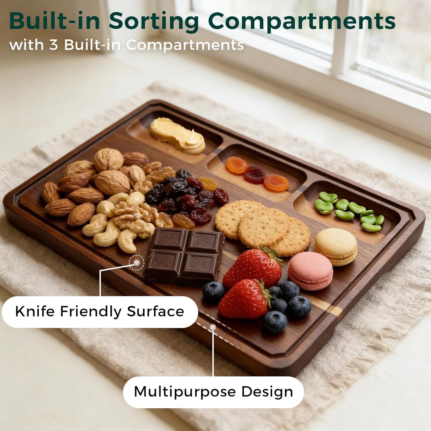Walnut Cutting Board, Made in USA, FSC-Certified Walnut, Cutting Boards for Kitchen with 3 Built-in Compartments and Juice Grooves, End Grain Cutting Board with Handle, for Meat, Fruit(1.2" Thick)