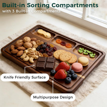 Walnut Cutting Board, Made in USA, FSC-Certified Walnut, Cutting Boards for Kitchen with 3 Built-in Compartments and Juice Grooves, End Grain Cutting Board with Handle, for Meat, Fruit(1.2" Thick)