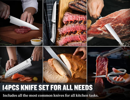 DRAGON RIOT Knife Set with Wood Block - Stainless Steel Kitchen Knives Block Set with Built in Sharpener, Dishwasher Safe, Non-Slip Ergonomic Handle - Gift for Men Women and Housewarming