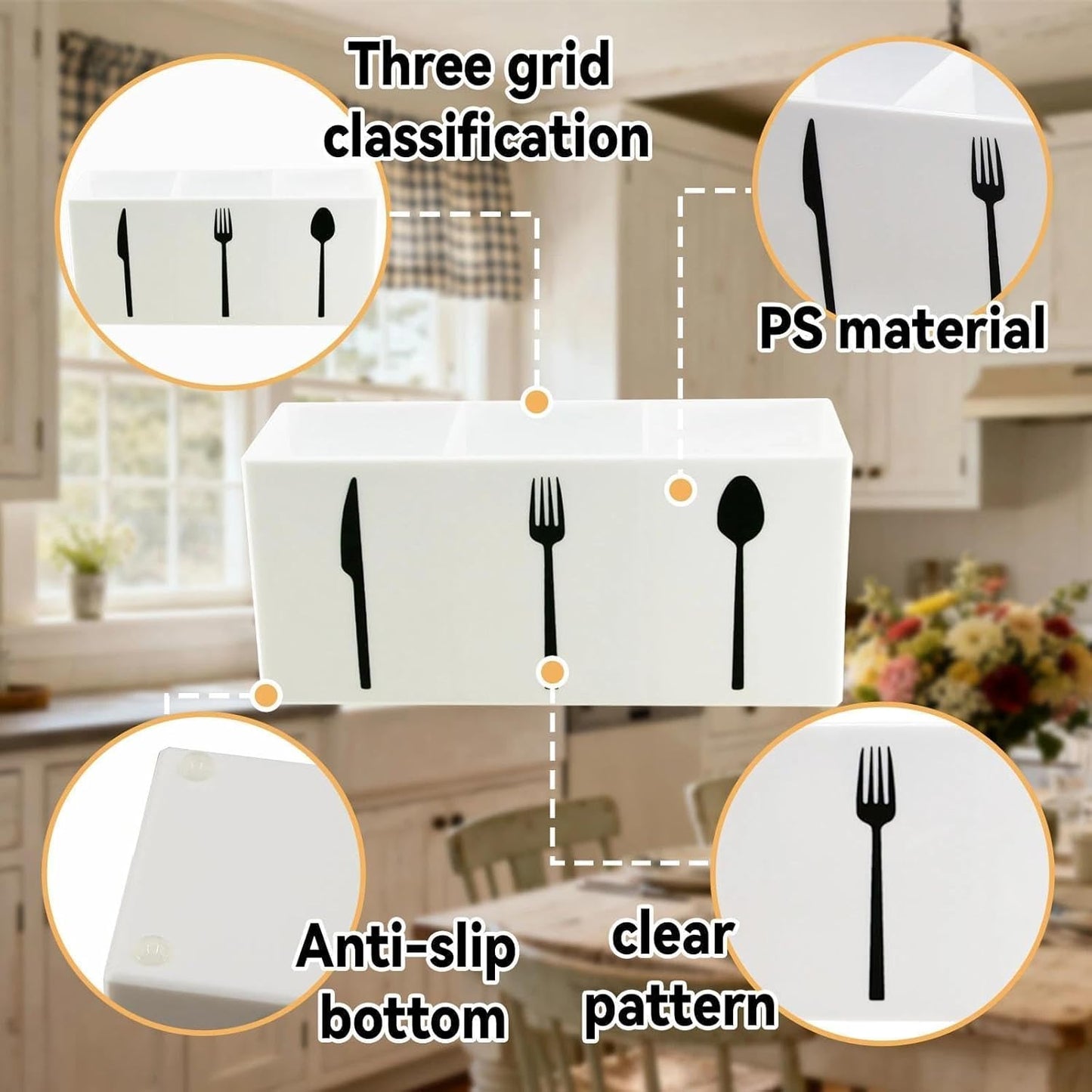 Utensil Holder,Kitchen Countertop Organizer,Silverware Organizer,3 Compartments Silverware Caddy,Plastic Utensil Holder, Large Capacity Cutlery, Spoon, Fork, and Knife Rack (White)