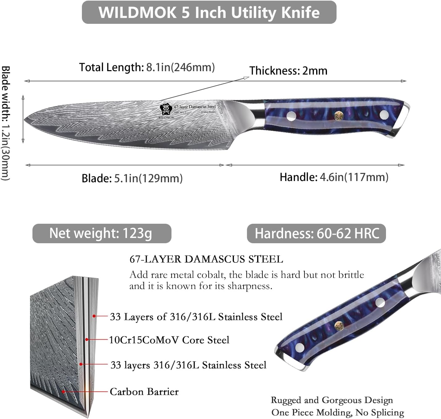 WILDMOK Japanese Damascus Steel Utility Knife, Multipurpose Super Sharp, Slicing, Mincing, Chopping, Peeling, Dicing