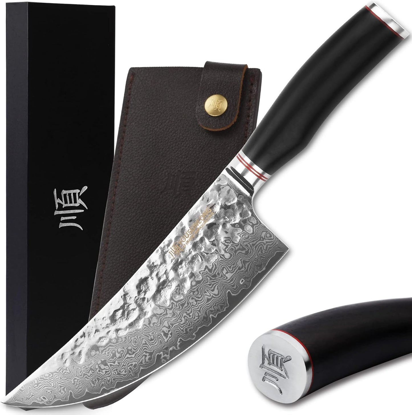 YOUSUNLONG Butcher Cleaver Knife 8 Inch - Meat Cleavers Japanese Hammered Damascus Stainless Steel Natural Leadwood Handle with Leather Sheath