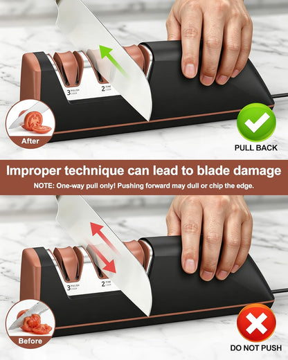 Electric Knife Sharpener with Replaceable Sharpening Head Easy to Change, 3-Stage & 15° Precision Angle Diamond Sharpening System for Metal Knives, Ceramic knives, Exquisite Gifts and Packaging