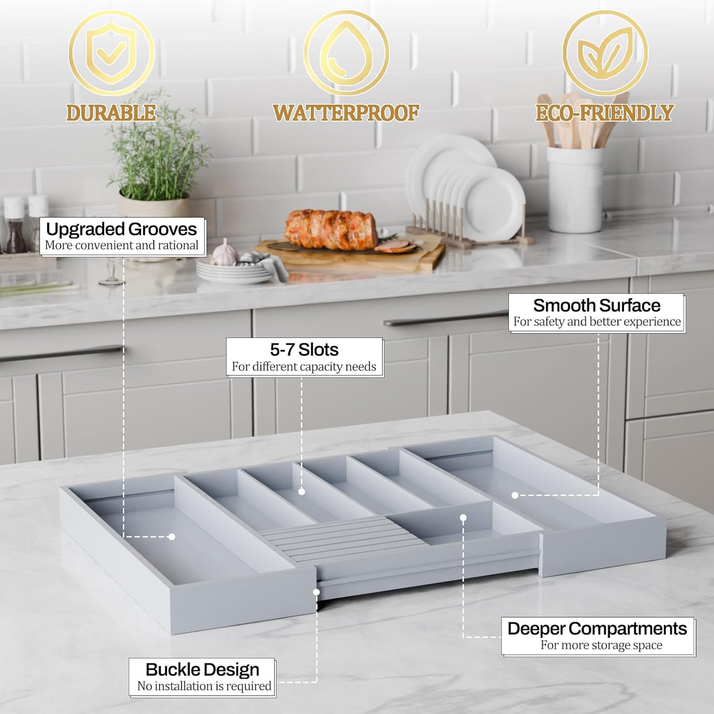 Bamboo Kitchen Silverware Drawer Organizer - Expandable Wood Utensil Holder with Dividers, Luxury Cutlery Storage Tray for Kitchen Utensil and Flatware (5-7 Slots with Removable Knife Block, (White)