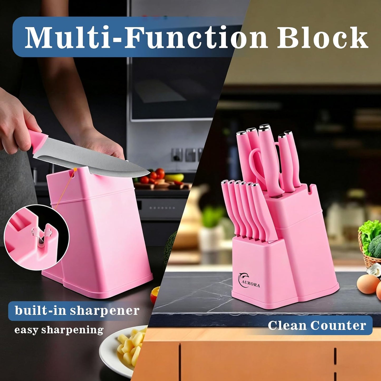 Knife Set, 15 Piece Knife Block Set with Built-in Sharpener, Dishwasher Safe, Rust Resistant, Ergonomic Handle, Stainless Steel White