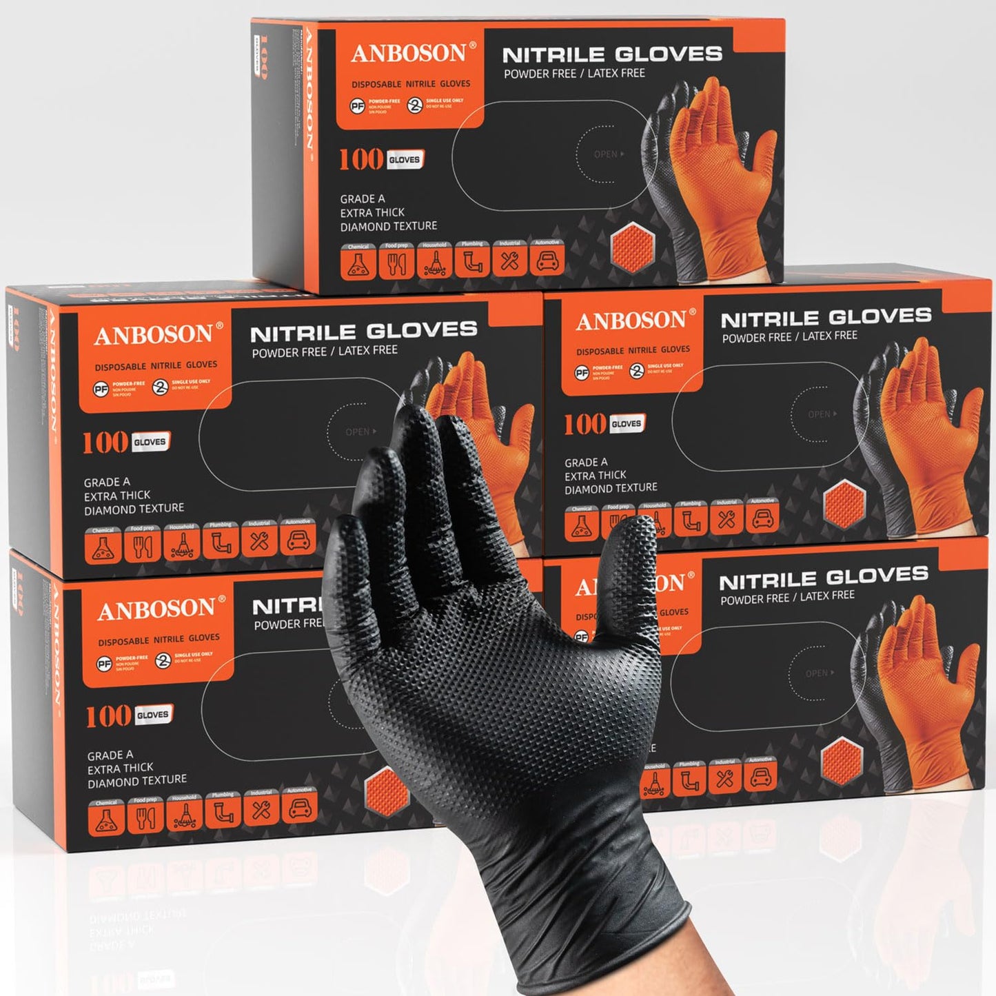 ANBOSON 10mil Heavy Duty Nitrile Gloves Large Black Disposable Rubber Gloves with Diamond Grip Anti Chemical Puncture Resistant Mechanics Guantes for Men/Auto repair/Cooking/Food Grade-Latex Free-100