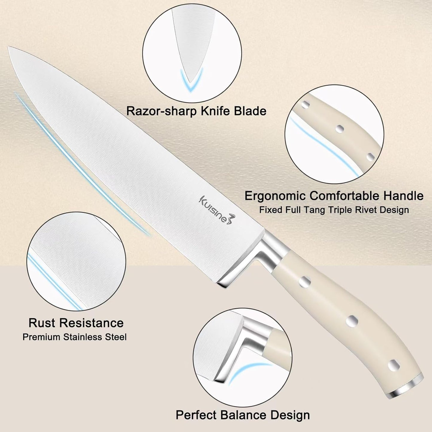 Kuisine Knife Set with Block and Sharpener, High Carbon Stainless Steel Chef Knife block Set for Kitchen（15 PCS Pro White）