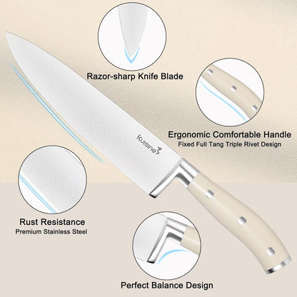 Kuisine Knife Set with Block and Sharpener, High Carbon Stainless Steel Chef Knife block Set for Kitchen（15 PCS Pro White）