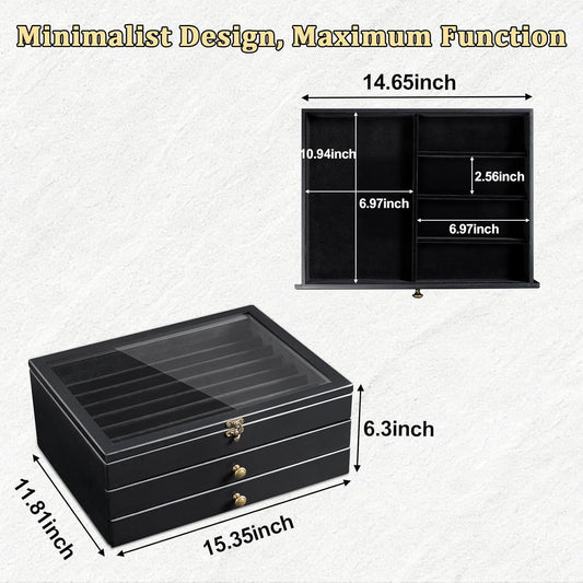 Large Knife Display Case, 3-Tier Pocket Knife Organizer and Storage Box with Transparent Lid & Drawer, for Folding Knife and Dagger Collections, Ideal Men's Gift(Walnut)