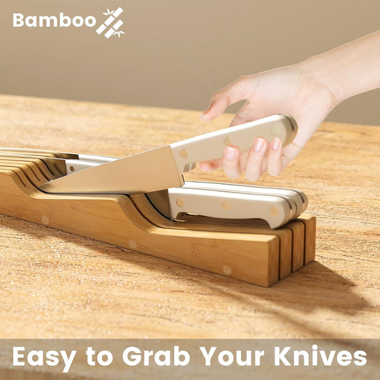 Bamboo In-Drawer Knife Block for 15 Knives(Not Included), Knife Drawer Organizer,Knife Holder Countertop,Block Knife Storage Organizer for Kitchen