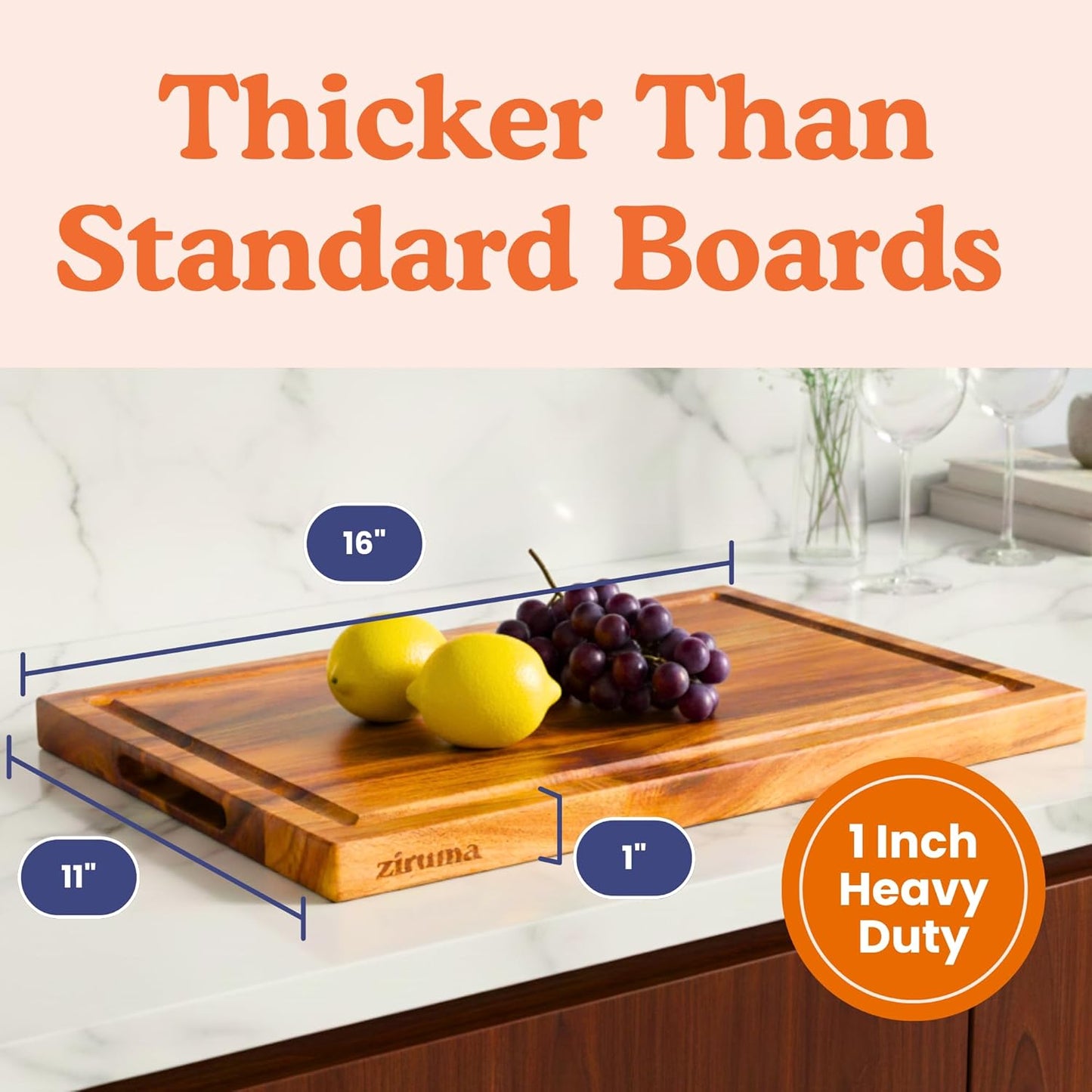 Non Toxic Wood Cutting Board - Conditioned with Natural Beeswax Flaxseed & Lemon Oil - Free of Mineral Oil - Made of FSC Certified Acacia Wood - 16" x 11" Thick Cutting Board by Ziruma