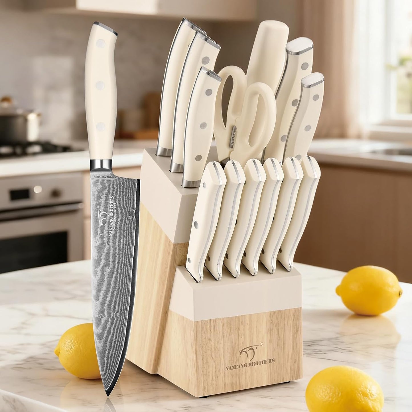 18 Pieces Damascus Kitchen Knife Set, 8 Piece Steak Knives, Non-slip ABS Ergonomic Triple Rivet Handle for Meat Fork, Knife Sharpener and Shears, 17 Slots Fraxinus Manchuria Knife Block (Grey)