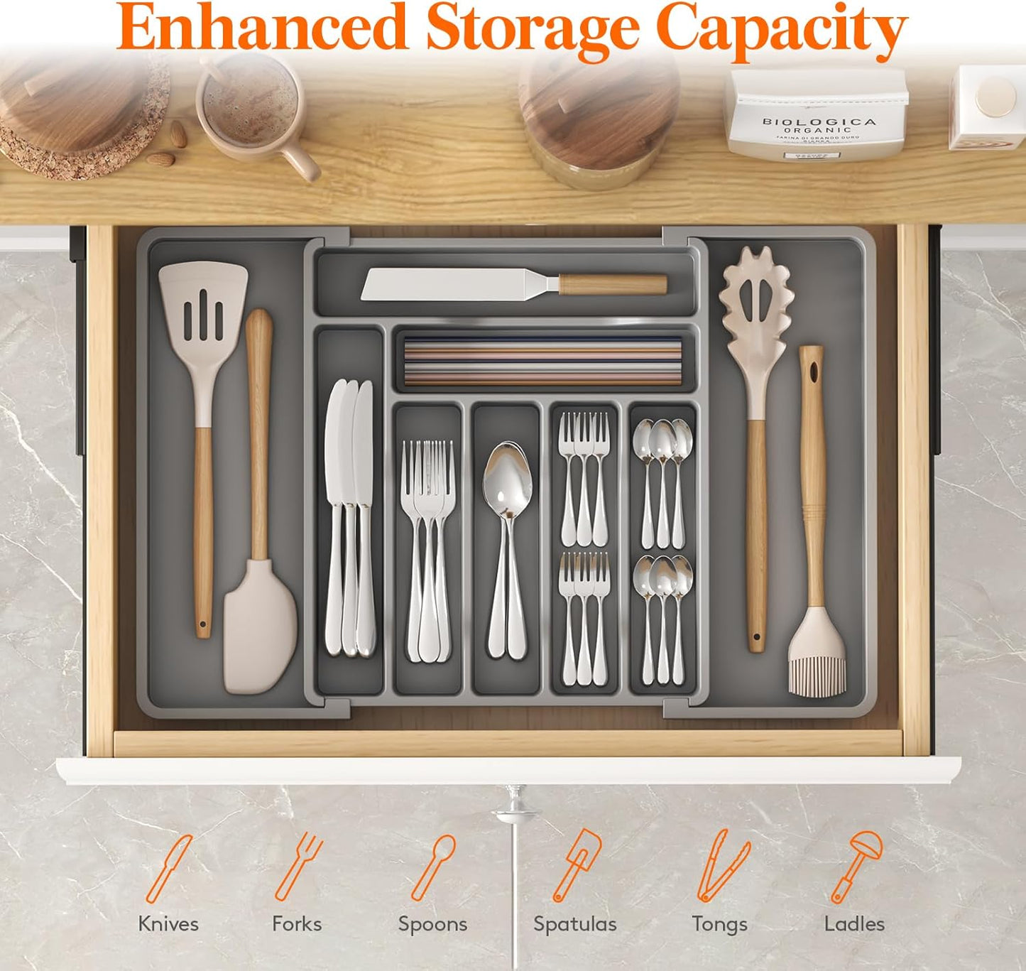 Lifewit Utensil Organizer for Kitchen Drawer, Expandable Cooking Silverware Tray, Adjustable Cutlery Flatware Holder, Plastic Spatula Tools Storage Divider, 14.4 x 15.8", Black