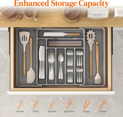 Lifewit Utensil Organizer for Kitchen Drawer, Expandable Cooking Silverware Tray, Adjustable Cutlery Flatware Holder, Plastic Spatula Tools Storage Divider, 14.4 x 15.8", Black