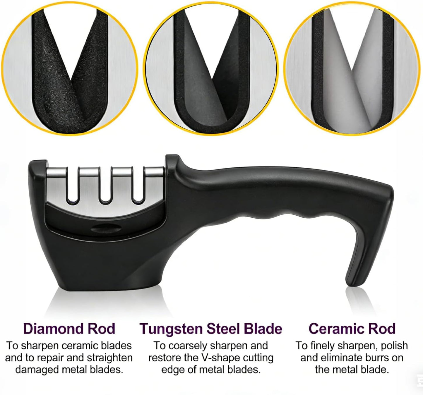 4-in-1 Kitchen Knife Sharpener, 3-Stage Manual Knife Sharpening Tool with Diamond Coarse Ceramic Fine Polish Slots, Non-Slip Base for Kitchen Chef Knives, Black